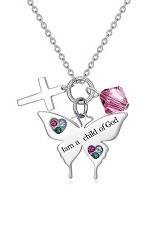 nice silver hot pink butterfly cross baby birthstone necklace